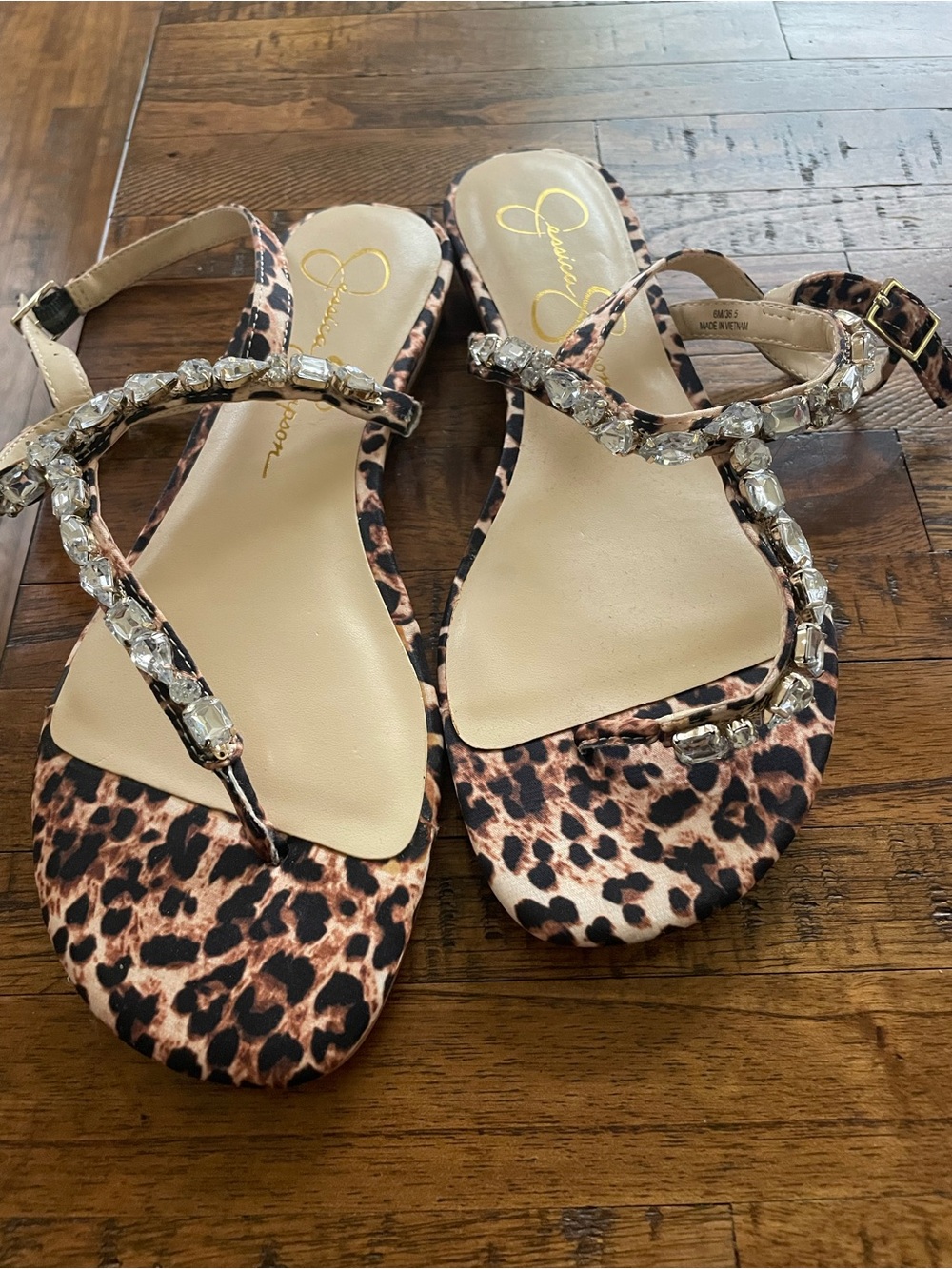 Jessica Simpson Leopard Print Jeweled T-Strap Sandals - Brown Black